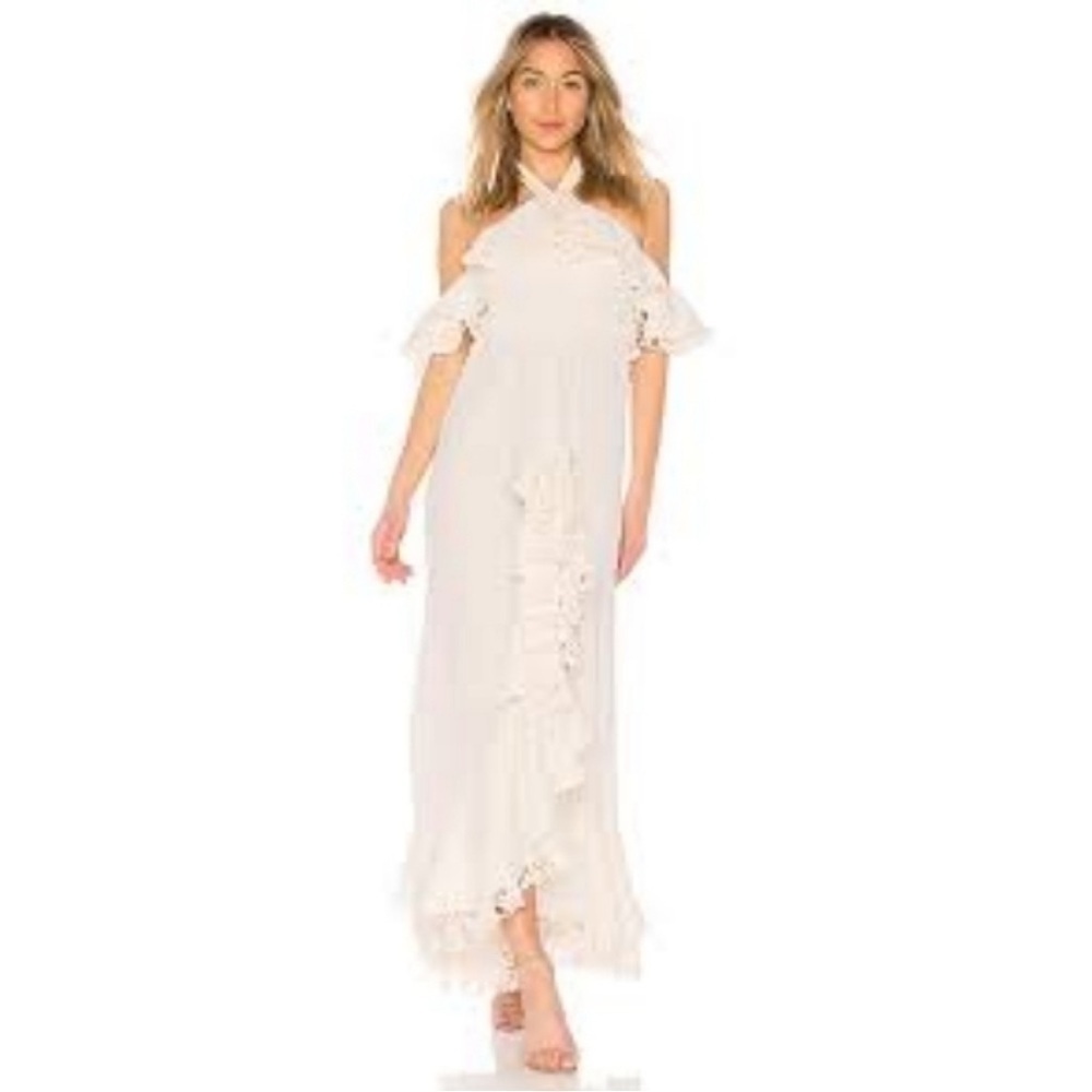 𝅺Lovers + Friends Revolve Zaya gown ruffled crochet maxi dress NWT size Small